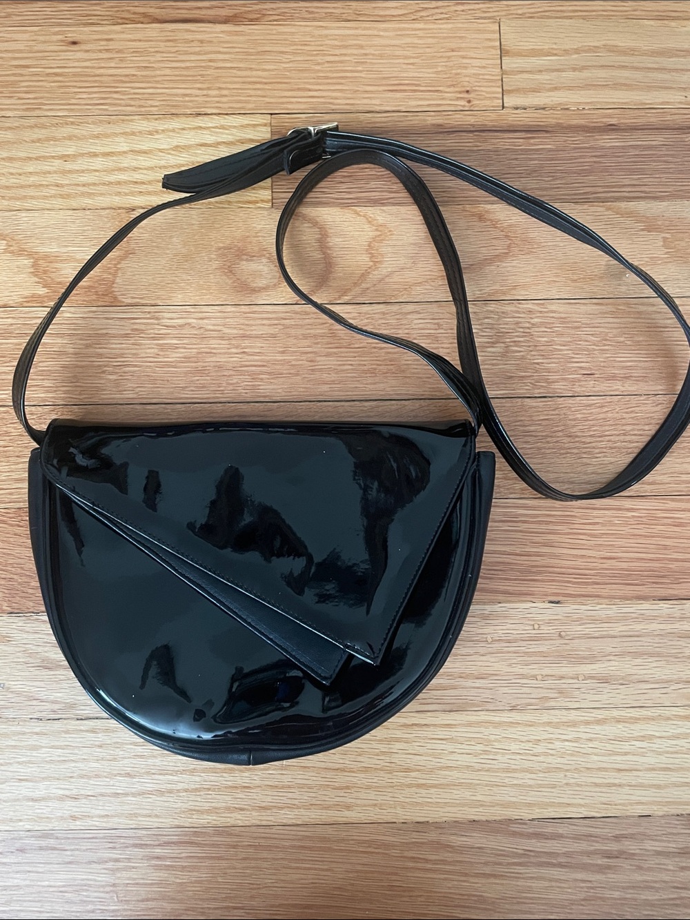 Black Patent Crossbody Bag - Sleek Semi-Circle Shoulder Purse